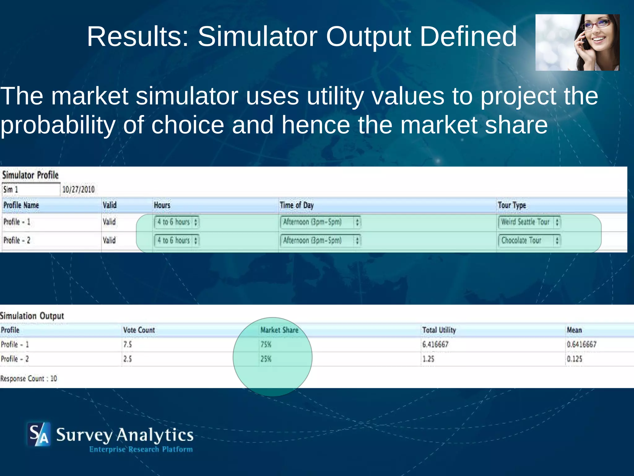 Results: Simulator Output Defined   The market simulator uses utility values to project the probability of choice and hence the market share  