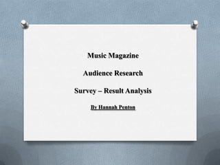 Music Magazine

  Audience Research

Survey – Result Analysis

     By Hannah Penton
 