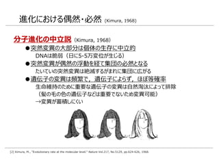 進化における偶然・必然 (Kimura, 1968)
分子進化の中立説（Kimura, 1968）
●突然変異の大部分は個体の生存に中立的
DNAは脆弱（日に5-5万変位が生じる）
●突然変異が偶然の浮動を経て集団の必然となる
たいていの突然変異は絶滅するがまれに集団に広がる
●遺伝子の変異は頻繁で，遺伝子によらず，ほぼ等確率
生命維持のために重要な遺伝子の変異は自然淘汰によって排除
（髪の毛の色の遺伝子などは重要でないため変異可能）
→変異が蓄積しにくい
[2] Kimura, M., "Evolutionary rate at the molecular level." Nature Vol.217, No.5129, pp.624-626, 1968.
 