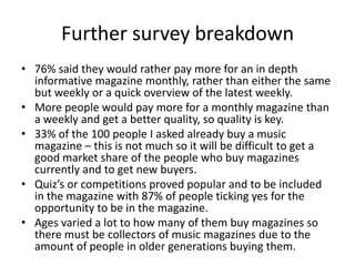 Further survey breakdown
• 76% said they would rather pay more for an in depth
informative magazine monthly, rather than either the same
but weekly or a quick overview of the latest weekly.
• More people would pay more for a monthly magazine than
a weekly and get a better quality, so quality is key.
• 33% of the 100 people I asked already buy a music
magazine – this is not much so it will be difficult to get a
good market share of the people who buy magazines
currently and to get new buyers.
• Quiz’s or competitions proved popular and to be included
in the magazine with 87% of people ticking yes for the
opportunity to be in the magazine.
• Ages varied a lot to how many of them buy magazines so
there must be collectors of music magazines due to the
amount of people in older generations buying them.

 