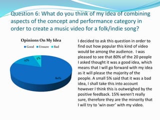 Question 6: What do you think of my idea of combining 
aspects of the concept and performance category in 
order to create a music video for a folk/indie song? 
Opinions On My Idea 
Good Unsure Bad 
80% 
15% 
5% 
I decided to ask this question in order to 
find out how popular this kind of video 
would be among the audience. I was 
pleased to see that 80% of the 20 people 
I asked thought it was a good idea, which 
means that I will go forward with my idea 
as it will please the majority of the 
people. A small 5% said that it was a bad 
idea, I shall take this into account 
however I think this is outweighed by the 
positive feedback. 15% weren't really 
sure, therefore they are the minority that 
I will try to ‘win over’ with my video. 
 