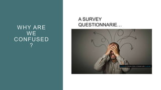 WHY ARE
WE
CONFUSED
?
This Photo by Unknown Author is licensed under CC BY-NC
A SURVEY
QUESTIONNARIE…
 