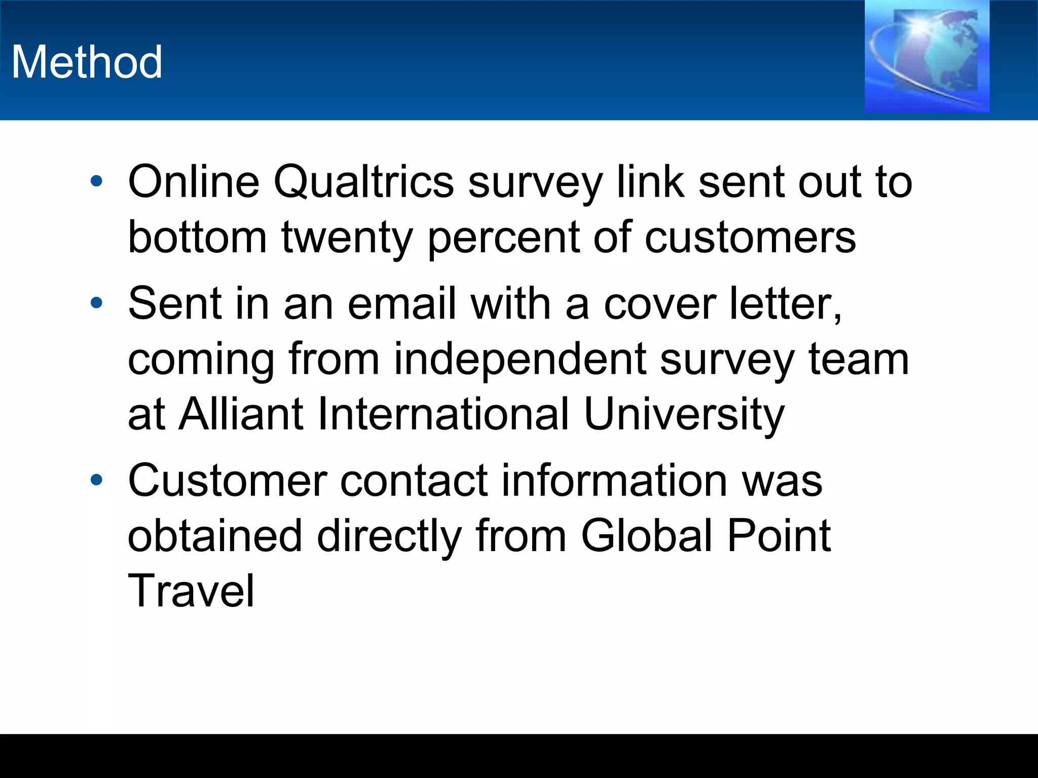 MethodOnline Qualtricssurvey link sent out to bottom twenty percent of customersSent in an email with a cover letter, coming from independent survey team at Alliant International UniversityCustomer contact information was obtained directly from Global Point Travel