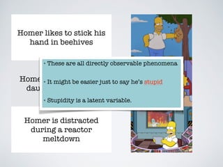 Homer likes to stick his
hand in beehives
Homer encourages his
daughter to smoke
Homer is distracted
during a reactor
meltdown
• These are all directly observable phenomena
• It might be easier just to say he’s stupid
• Stupidity is a latent variable.
 
