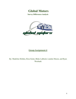 Global Motors
Survey Differences Analysis
Group Assignment 4
By: Madeline Holden, Rose Kular, Blake LaBrash, Landon Mason, and Ryan
Woobank
1
 