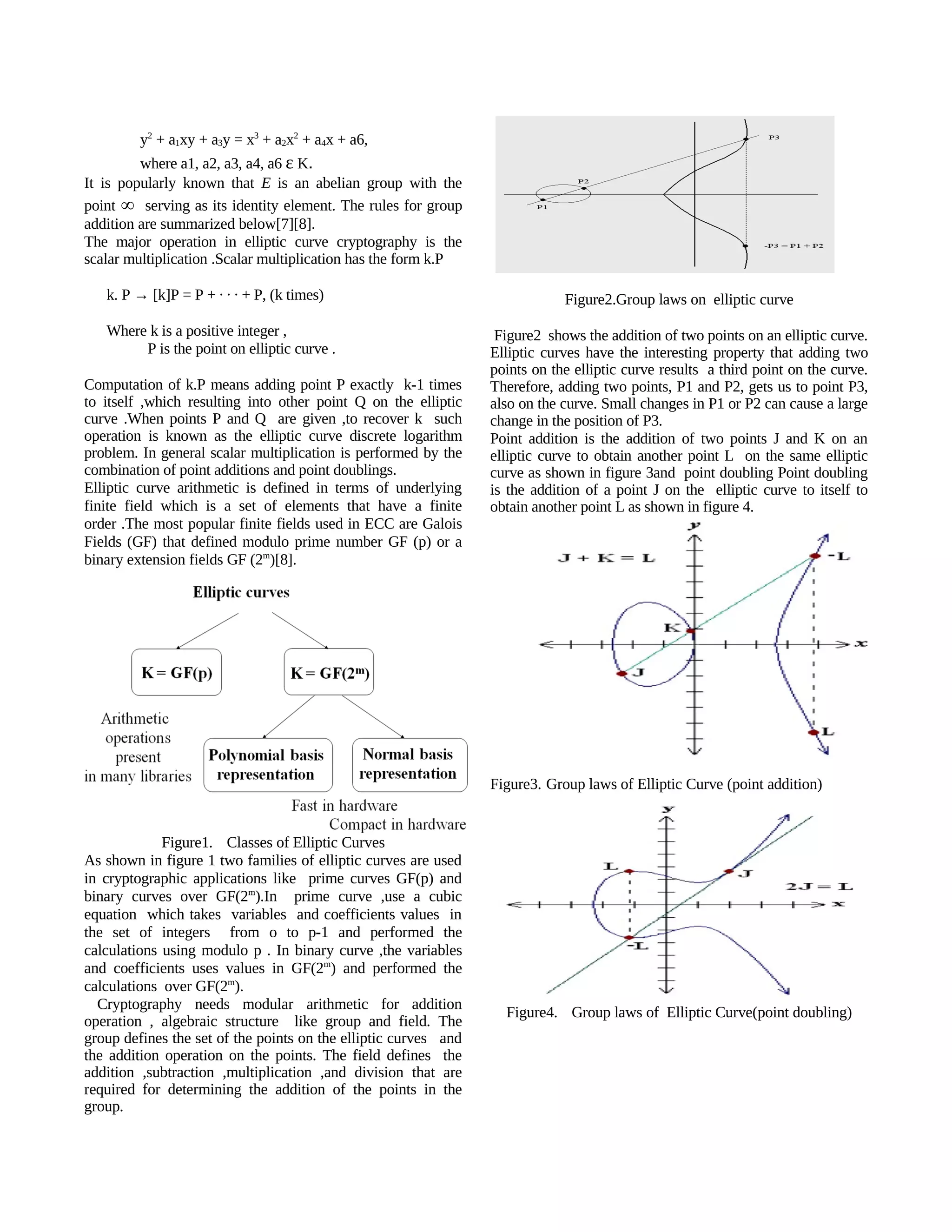 y2 + a1xy + a3y = x3 + a2x2 + a4x + a6,
         where a1, a2, a3, a4, a6 ε K.
It is popularly known that E is an abelian group with the
point ∞ serving as its identity element. The rules for group
addition are summarized below[7][8].
The major operation in elliptic curve cryptography is the
scalar multiplication .Scalar multiplication has the form k.P

   k. P → [k]P = P + · · · + P, (k times)                                    Figure2.Group laws on elliptic curve

   Where k is a positive integer ,                                Figure2 shows the addition of two points on an elliptic curve.
        P is the point on elliptic curve .                       Elliptic curves have the interesting property that adding two
                                                                 points on the elliptic curve results a third point on the curve.
Computation of k.P means adding point P exactly k-1 times        Therefore, adding two points, P1 and P2, gets us to point P3,
to itself ,which resulting into other point Q on the elliptic    also on the curve. Small changes in P1 or P2 can cause a large
curve .When points P and Q are given ,to recover k such          change in the position of P3.
operation is known as the elliptic curve discrete logarithm      Point addition is the addition of two points J and K on an
problem. In general scalar multiplication is performed by the    elliptic curve to obtain another point L on the same elliptic
combination of point additions and point doublings.              curve as shown in figure 3and point doubling Point doubling
Elliptic curve arithmetic is defined in terms of underlying      is the addition of a point J on the elliptic curve to itself to
finite field which is a set of elements that have a finite       obtain another point L as shown in figure 4.
order .The most popular finite fields used in ECC are Galois
Fields (GF) that defined modulo prime number GF (p) or a
binary extension fields GF (2m)[8].




                                                                 Figure3. Group laws of Elliptic Curve (point addition)


             Figure1. Classes of Elliptic Curves
As shown in figure 1 two families of elliptic curves are used
in cryptographic applications like prime curves GF(p) and
binary curves over GF(2m).In prime curve ,use a cubic
equation which takes variables and coefficients values in
the set of integers from o to p-1 and performed the
calculations using modulo p . In binary curve ,the variables
and coefficients uses values in GF(2m) and performed the
calculations over GF(2m).
  Cryptography needs modular arithmetic for addition
                                                                   Figure4. Group laws of Elliptic Curve(point doubling)
operation , algebraic structure like group and field. The
group defines the set of the points on the elliptic curves and
the addition operation on the points. The field defines the
addition ,subtraction ,multiplication ,and division that are
required for determining the addition of the points in the
group.
 