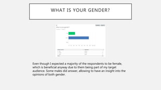 WHAT IS YOUR GENDER?
Even though I expected a majority of the respondents to be female,
which is beneficial anyway due to them being part of my target
audience. Some males did answer, allowing to have an insight into the
opinions of both gender.
 