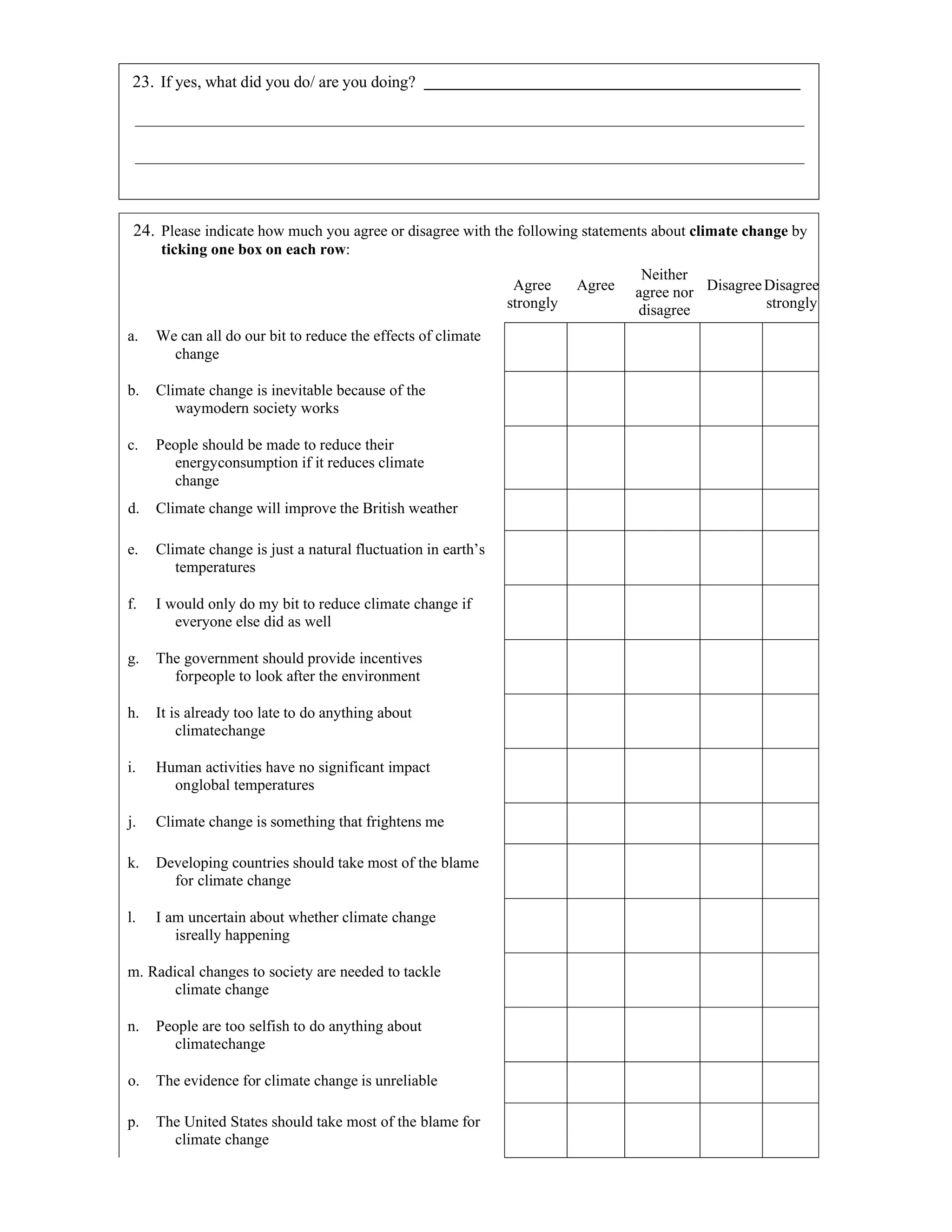 24. Please indicate how much you agree or disagree with the following statements about climate change by
ticking one box on each row:
Agree
strongly
Agree
Neither
agree nor
disagree
DisagreeDisagree
strongly
a. We can all do our bit to reduce the effects of climate
change
b. Climate change is inevitable because of the
waymodern society works
c. People should be made to reduce their
energyconsumption if it reduces climate
change
d. Climate change will improve the British weather
e. Climate change is just a natural fluctuation in earth’s
temperatures
f. I would only do my bit to reduce climate change if
everyone else did as well
g. The government should provide incentives
forpeople to look after the environment
h. It is already too late to do anything about
climatechange
i. Human activities have no significant impact
onglobal temperatures
j. Climate change is something that frightens me
k. Developing countries should take most of the blame
for climate change
l. I am uncertain about whether climate change
isreally happening
m. Radical changes to society are needed to tackle
climate change
n. People are too selfish to do anything about
climatechange
o. The evidence for climate change is unreliable
p. The United States should take most of the blame for
climate change
23. If yes, what did you do/ are you doing?
 