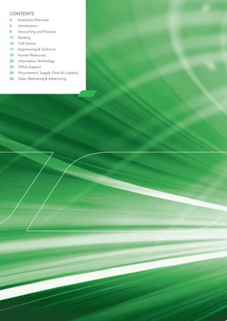 Contents
4	Executive Overview
6	    Introduction
8	    Accounting and Finance
11	   Banking
16	   Call Centre
17	Engineering & Technical
19	   Human Resources
20	   Information Technology
23	   Office Support
24	   Procurement, Supply Chain & Logistics
26	Sales, Marketing & Advertising
 
