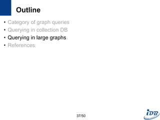 Outline
• Category of graph queries
• Querying in collection DB
• Querying in large graphs
• References
37/50
 