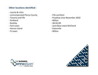 Other locations identified :
- county & cities
- unincorporated Pierce County   - Fife and Kent
- Tacoma and Fife                - Puyallup since November 2010
- Parkland                       - Milton
- Buckley                        - WA & OR
- Fort Lewis                     - Joint Base Lewis McChord
- Herron Island                  - Eatonville
- Ft Lewis                       - Milton
 