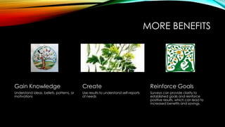 MORE BENEFITS
Gain Knowledge
Understand ideas, beliefs, patterns, or
motivations
Create
Use results to understand self-reports
of needs
Reinforce Goals
Surveys can provide clarity to
established goals and reinforce
positive results, which can lead to
increased benefits and savings.
 