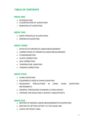 2
TABLE OF CONTENTS
WEEK ONE:
• INTRODUCTION
• CLASSIFICATION OF SURVEYORS
• BRANCHES OF SURVEYING
WEEK TWO
• BASIC PRINCIPLES IN SURVEYING
• ERRORS IN SURVEYING
WEEK THREE
• EFFECTS OF ERRORS IN LINEAR MEASUREMENT
• CORRECTIONS OF ERRORS IN LINEAR MEASUREMENT
• STANDARDIZATION
• SLOPE CORRECTION
• SAG CORRECTION
• TEMPERATURE VARIATION
• TENSION CORRECTION
WEEK FOUR
• CHAIN SURVEYING
• EQUIPMENTS USED IN CHAIN SURVEYING
• NECESSARY PRECAUTIONS IN USING CHAIN SURVEYING
INSTRUMENTS
• GENERAL PROCEDURE IN MAKING A CHAIN SURVEY
• CRITERIA FOR SELECTING A SURVEY LINES/OFFSETS
WEEK FIVE
• METHOD OF MAKING LINEAR MEASUREMENTS IN SURVEYING
• METHOD OF SETTING OFFSET TO THE CHAIN LINE
• CHECK OR PROOF LINES
 
