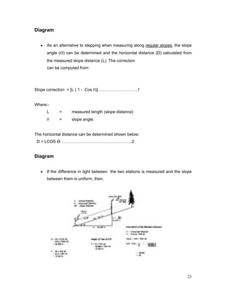 23
Diagram
• As an alternative to stepping when measuring along regular slopes, the slope
angle (Ø) can be determined and the horizontal distance (D) calculated from
the measured slope distance (L). The correction
can be computed from:
Slope correction = [L ( 1 - Cos θ)]………………………..1
Where:-
L = measured length (slope distance)
θ = slope angle.
The horizontal distance can be determined shown below:
D = LCOS Ө…………………………………………….2
Diagram
• If the difference in light between the two stations is measured and the slope
between them is uniform, then;
 