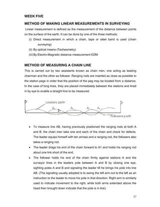 37
WEEK FIVE
METHOD OF MAKING LINEAR MEASUREMENTS IN SURVEYING
Linear measurement is defined as the measurement of the distance between points
on the surface of the earth. It can be done by one of the three methods;
(i) Direct measurement in which a chain, tape or steel band is used (chain
surveying)
(ii) By optical means (Tacheometry)
(iii) By Electro-Magnetic distance measurement EDM
METHOD OF MEASURING A CHAIN LINE
This is carried out by two assistants known as chain men, one acting as leading
chairman and the other as follower. Ranging rods are inserted as close as possible to
the station pegs in order that the position of the peg may be located from a distance.
In the case of long lines, they are placed immediately between the stations and lined
in by eye to enable a straight line to be measured.
• To measure line AB, having previously positioned the ranging rods at both A
and B. the chain men take one end each of the chain and check for defects.
The leader equips himself with ten arrows and a ranging rod, the followers also
takes a ranging rod.
• The leader drags his end of the chain forward to A1 and holds his ranging rod
about one link short of the end.
• The follower holds his end of the chain firmly against stations A and the
surveyor lines in the leaders pole between A and B by closing one eye,
sighting poles A and B and signaling the leader till he brings his pole into line
AB. (The signaling usually adopted is to swing the left arm out to the left as an
instruction to the leader to move his pole in that direction. Right arm is similarly
used to indicate movement to the right, while both arms extended above the
head then brought down indicate that the pole is in line)
 