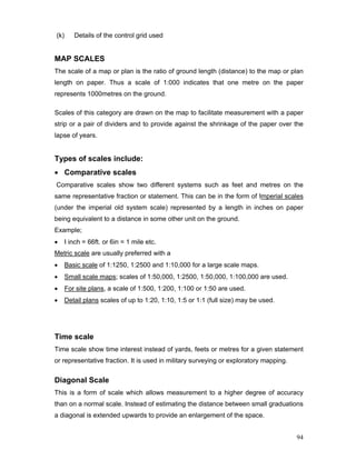 94
(k) Details of the control grid used
MAP SCALES
The scale of a map or plan is the ratio of ground length (distance) to the map or plan
length on paper. Thus a scale of 1:000 indicates that one metre on the paper
represents 1000metres on the ground.
Scales of this category are drawn on the map to facilitate measurement with a paper
strip or a pair of dividers and to provide against the shrinkage of the paper over the
lapse of years.
Types of scales include:
• Comparative scales
Comparative scales show two different systems such as feet and metres on the
same representative fraction or statement. This can be in the form of Imperial scales
(under the imperial old system scale) represented by a length in inches on paper
being equivalent to a distance in some other unit on the ground.
Example;
• I inch = 66ft. or 6in = 1 mile etc.
Metric scale are usually preferred with a
• Basic scale of 1:1250, 1:2500 and 1:10,000 for a large scale maps.
• Small scale maps; scales of 1:50,000, 1:2500, 1:50,000, 1:100,000 are used.
• For site plans, a scale of 1:500, 1:200, 1:100 or 1:50 are used.
• Detail plans scales of up to 1:20, 1:10, 1:5 or 1:1 (full size) may be used.
Time scale
Time scale show time interest instead of yards, feets or metres for a given statement
or representative fraction. It is used in military surveying or exploratory mapping.
Diagonal Scale
This is a form of scale which allows measurement to a higher degree of accuracy
than on a normal scale. Instead of estimating the distance between small graduations
a diagonal is extended upwards to provide an enlargement of the space.
 