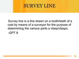 Free Powerpoint Templates
36
SURVEY LINE
Survey line is a line drawn on a tooth/teeth of a
cast by means of a surveyor for...