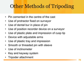 Free Powerpoint Templates
78
Other Methods of Tripoding
• Pin cemented in the centre of the cast
• Use of protractor fixed...