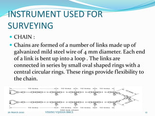 INSTRUMENT USED FOR
SURVEYING
 CHAIN :
 Chains are formed of a number of links made up of
galvanized mild steel wire of 4 mm diameter. Each end
of a link is bent up into a loop . The links are
connected in series by small oval shaped rings with a
central circular rings. These rings provide flexibility to
the chain.
26 March 2020 12VISHNU VIJAYAN BMCE
 