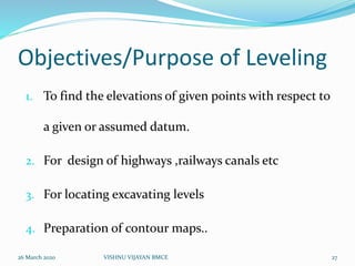 Objectives/Purpose of Leveling
1. To find the elevations of given points with respect to
a given or assumed datum.
2. For design of highways ,railways canals etc
3. For locating excavating levels
4. Preparation of contour maps..
26 March 2020 27VISHNU VIJAYAN BMCE
 