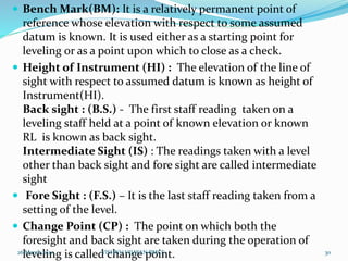  Bench Mark(BM): It is a relatively permanent point of
reference whose elevation with respect to some assumed
datum is known. It is used either as a starting point for
leveling or as a point upon which to close as a check.
 Height of Instrument (HI) : The elevation of the line of
sight with respect to assumed datum is known as height of
Instrument(HI).
Back sight : (B.S.) - The first staff reading taken on a
leveling staff held at a point of known elevation or known
RL is known as back sight.
Intermediate Sight (IS) : The readings taken with a level
other than back sight and fore sight are called intermediate
sight
 Fore Sight : (F.S.) – It is the last staff reading taken from a
setting of the level.
 Change Point (CP) : The point on which both the
foresight and back sight are taken during the operation of
leveling is called change point.26 March 2020 30VISHNU VIJAYAN BMCE
 