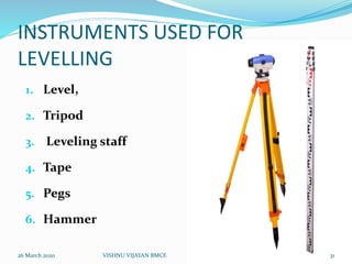 INSTRUMENTS USED FOR
LEVELLING
1. Level,
2. Tripod
3. Leveling staff
4. Tape
5. Pegs
6. Hammer
26 March 2020 31VISHNU VIJAYAN BMCE
 