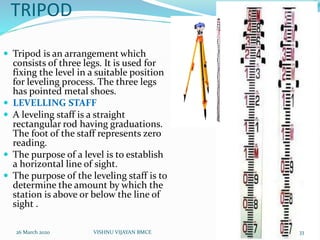 TRIPOD
 Tripod is an arrangement which
consists of three legs. It is used for
fixing the level in a suitable position
for leveling process. The three legs
has pointed metal shoes.
 LEVELLING STAFF
 A leveling staff is a straight
rectangular rod having graduations.
The foot of the staff represents zero
reading.
 The purpose of a level is to establish
a horizontal line of sight.
 The purpose of the leveling staff is to
determine the amount by which the
station is above or below the line of
sight .
26 March 2020 33VISHNU VIJAYAN BMCE
 