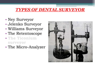 • Ney Surveyor
• Jelenko Surveyor
• Williams Surveyor
• The Retentoscope
• The Ticonium
surveyor
• The Micro-Analyzer
TYPES OF DENTAL SURVEYOR
 