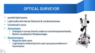 OPTICAL SURVEYOR
▸ parallel light beams
▸ Light bulbs with dense filaments & condenserlenses
▸ Contained in a box.
▸ Advantages:
▹ Changes in survey lines & undercut can beinspected easily.
▹ Better visualization Disadvantages
▸ Disadvantages:
▹ Requires dark room
▹ Light beams reflecting from cast can pose problems in
illumination
27
 