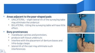 ▸ Areas adjacent to the pear-shaped pads
▹ UNILATERAL - slight lateral tilt of the surveying table
may eliminate the undercut
▹ BIILATERAL- tilting the surveying table will have little
effect.
▸ Bony prominences
▹ mandibular canines and premolars.
▹ produce soft tissue undercuts
▹ interfere with the placement of denture bases and
infra-bulge clasps
▹ lateral tilt of the cast may eliminate such
interferences
46
 