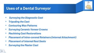 Uses of a Dental Surveyor
▸ Surveying the Diagnostic Cast
▸ Tripoding the Cast
▸ Contouring Wax Patterns
▸ Surveying Ceramic Veneer Crowns
▸ Machining Cast Restorations
▸ Placement of Intra-coronal Retainers (Internal Attachment)
▸ Placement of Internal Rest Seats
▸ Surveying the Master Cast
50
 