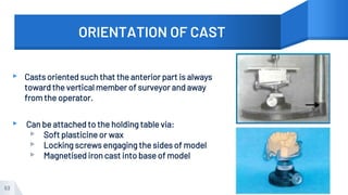 ORIENTATION OF CAST
▸ Casts oriented such that the anterior part is always
toward the vertical member of surveyor and away
from the operator.
▸ Can be attached to the holding table via:
▹ Soft plasticine or wax
▹ Locking screws engaging the sides of model
▹ Magnetised iron cast into base of model
53
 