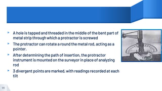 ▸ A hole is tapped and threaded in the middle of the bent part of
metal strip through which a protractor is screwed
▸ The protractor can rotate a round the metal rod, acting as a
pointer.
▸ After determining the path of insertion, the protractor
instrument is mounted on the surveyor in place of analyzing
rod
▸ 3 divergent points are marked, with readings recorded at each
tilt
66
 