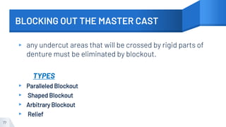 BLOCKING OUT THE MASTER CAST
▸ any undercut areas that will be crossed by rigid parts of
denture must be eliminated by blockout.
TYPES
▸ Paralleled Blockout
▸ Shaped Blockout
▸ Arbitrary Blockout
▸ Relief
77
 