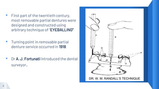 9
▸ First part of the twentieth century,
most removable partial dentures were
designed and constructed using
arbitrary technique of “EYEBALLING”
▸ Turning point in removable partial
denture service occurred in 1918
▸ Dr A. J. Fortunati introduced the dental
surveyor.
DR. W. M. RANDALL’S TECHNIQUE
 