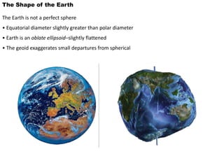 The Shape of the Earth
The Earth is not a perfect sphere
• Equatorial diameter slightly greater than polar diameter
• Earth is an oblate ellipsoid–slightly flattened
• The geoid exaggerates small departures from spherical
 