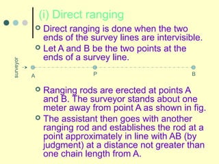 (i) Direct ranging
 Direct ranging is done when the two
ends of the survey lines are intervisible.
 Let A and B be the two points at the
ends of a survey line.
 Ranging rods are erected at points A
and B. The surveyor stands about one
meter away from point A as shown in fig.
 The assistant then goes with another
ranging rod and establishes the rod at a
point approximately in line with AB (by
judgment) at a distance not greater than
one chain length from A.
A P B
surveyor
 