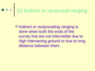 (ii) Indirect or reciprocal ranging
 Indirect or reciprocating ranging is
done when both the ends of the
survey line are not intervisible due to
high intervening ground or due to long
distance between them.
 