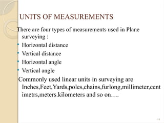 14
UNITS OF MEASUREMENTS
There are four types of measurements used in Plane
surveying :
 Horizontal distance
 Vertical distance
 Horizontal angle
 Vertical angle
Commonly used linear units in surveying are
Inches,Feet,Yards,poles,chains,furlong,millimeter,cent
imetrs,meters.kilometers and so on….
 