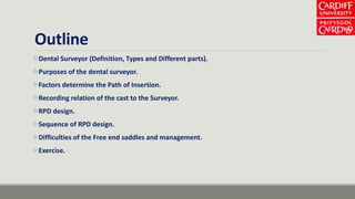 Outline
Dental Surveyor (Definition, Types and Different parts).
Purposes of the dental surveyor.
Factors determine the Path of Insertion.
Recording relation of the cast to the Surveyor.
RPD design.
Sequence of RPD design.
Difficulties of the Free end saddles and management.
Exercise.
 