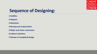 Sequence of Designing:
1-Saddles.
2-Support.
3-Retention.
4-Bracing and reciprocation.
5-Major and minor connectors.
6-Indirect retention.
7-Review of completed design.
 