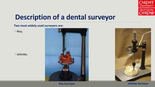 Description of a dental surveyor
Two most widely used surveyors are:
Ney.
Jelenko.
Ney Surveyor Jelenko Surveyor
 