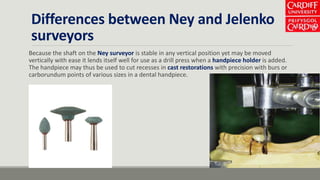Differences between Ney and Jelenko
surveyors
Because the shaft on the Ney surveyor is stable in any vertical position yet may be moved
vertically with ease it lends itself well for use as a drill press when a handpiece holder is added.
The handpiece may thus be used to cut recesses in cast restorations with precision with burs or
carborundum points of various sizes in a dental handpiece.
 