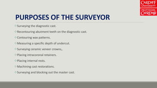 PURPOSES OF THE SURVEYOR
Surveying the diagnostic cast.
Recontouring abutment teeth on the diagnostic cast.
Contouring wax patterns.
Measuring a specific depth of undercut.
Surveying ceramic veneer crowns,.
Placing intracoronal retainers.
Placing internal rests.
Machining cast restorations.
Surveying and blocking out the master cast.
 