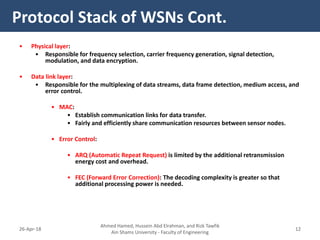 • Physical layer:
• Responsible for frequency selection, carrier frequency generation, signal detection,
modulation, and data encryption.
• Data link layer:
• Responsible for the multiplexing of data streams, data frame detection, medium access, and
error control.
• MAC:
• Establish communication links for data transfer.
• Fairly and efficiently share communication resources between sensor nodes.
• Error Control:
• ARQ (Automatic Repeat Request) is limited by the additional retransmission
energy cost and overhead.
• FEC (Forward Error Correction): The decoding complexity is greater so that
additional processing power is needed.
Protocol Stack of WSNs Cont.
Ahmed Hamed, Hussein Abd Elrahman, and Rizk Tawfik
Ain Shams University - Faculty of Engineering
1226-Apr-18
 