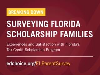edchoice.org/FLParentSurvey
BREAKING DOWN
Experiences and Satisfaction with Florida’s
Tax-Credit Scholarship Program
SURVEYING FLORIDA
SCHOLARSHIP FAMILIES
 