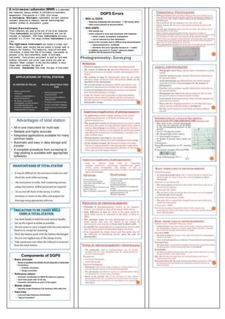 A microwave radiometer (MWR) is a radiometer
that measures energy emitted at millimetre-to-centimetre
wavelengths (frequencies of 1–1000 GHz) known
as microwaves. Microwave radiometers are very sensitive
receivers designed to measure thermal electromagnetic
radiation emitted by atmospheric gases.
Infrared W ave Instruments
Prism reflectors are used at the end of line to be measured.
These instruments are light and economical and can be
mounted on theodolite. With these instruments accuracy
achieved is ± 10 mm. The range of these instruments is up to
3 km.
The light wave instrument use visible or simply light
which means wave lengths that are visible to human eyes to
measure the distance. The measuring range of light wave
instruments is lesser that that of microwave instruments as
because of the less transmitting power of light wave
instruments. Here primary equipment is used as light wave
emitting instrument and corner cube prisms are used as
reflectors. When compare to the rest this method is more
cheap when compare the value of
instruments. Geodimeter falls under this type of instrument.
Photogrammetry- Surveying
 
