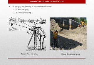PRIMARY DIVISIONS OF SURVEYING
 The surveying may primarily be divided into two divisions:
 1. Plane surveying.
 2. Geodetic surveying.
Figure: Plane surveying. Figure: Geodetic surveying
 