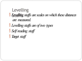 Levelling
Staffs
 Levelling staffs arescalesonwhichthesedistances
are measured.
 Levelling staffs areof two types
 Self reading staff
 T
arget staff
 