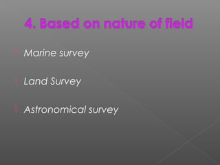  Marine survey
 Land Survey
 Astronomical survey
 